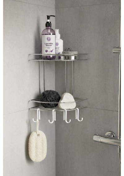 Sas Haus Banyo Köşe Rafı Askılı Duş Organizeri Ve Şampuanlık 2 Katlı Krom Ek-02 Krom