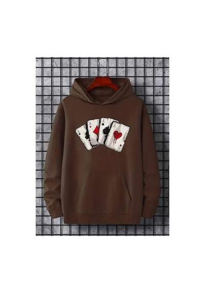 Medinenur İskambil Kart Desenli Kapüşonlu Sweatshirt Kahverengi
