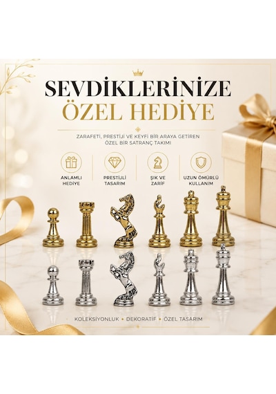 Lüks Metal Satranç Takımı Krom Figürlü 20x20 Cm Kehribar Tahta Dekoratif Koleksiyon Hediye Seti Özel
