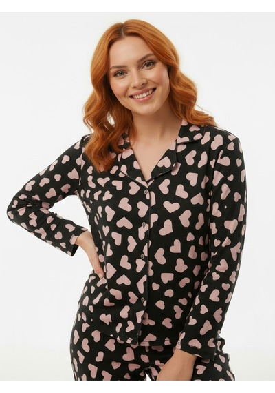 Süet Gömlek Pijama Takımı 7103 Kalpli Siyah Siyah