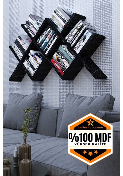 Mdf Kitaplık Bölmeli Raflı Dekoratif Tasarımlı Siyah