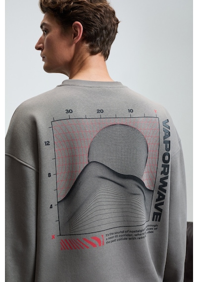 Grimelange PERCY Erkek Yuvarlak Yaka Göğsü Baskılı Sırtı Baskılı Oversize Koyu Gri Sweatshirt