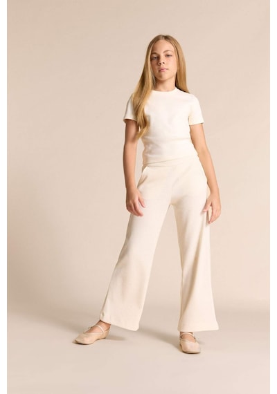 Defacto Slim Fit Dar Kesim Bisiklet Yaka Ribana Basic Düz Kısa Kollu Tişört Kız Çocuk B3054A824SM Ekru