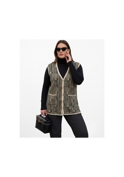 Onno Style Women Desenli Çelik Örgü Klasik Triko Yelek Bej