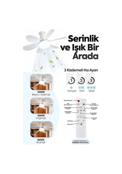 6 Kanatlı 3 Kademeli Led Aydınlatmalı Uzaktan Kumandalı Tavan Vantilatörü İtem0015ktavan1