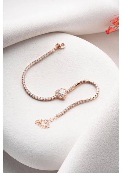 925 Ayar Gümüş Rose Kaplama Beyaz Taşlı Kalp 2 Mm Zirkon Taşlı Suyolu Bileklik Rose