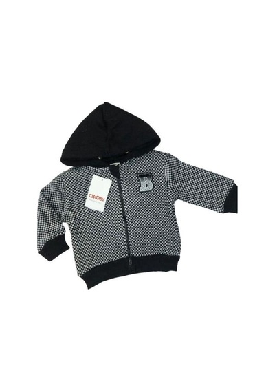 Çikoby Erkek Bebek Kapüşonlu Kareli Fermuarlı Hırka-13476 Siyah