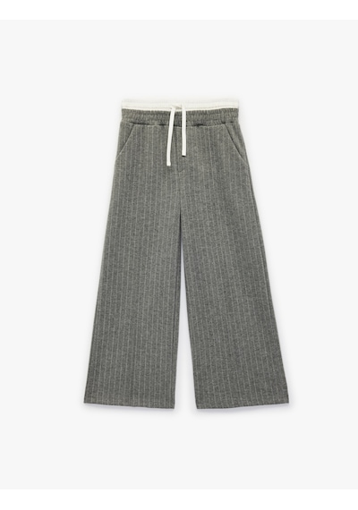 Koton Beli Bağlamalı Bol Paça Çizgili Pantolon Gri Çizgili 6skg40076ak Gri