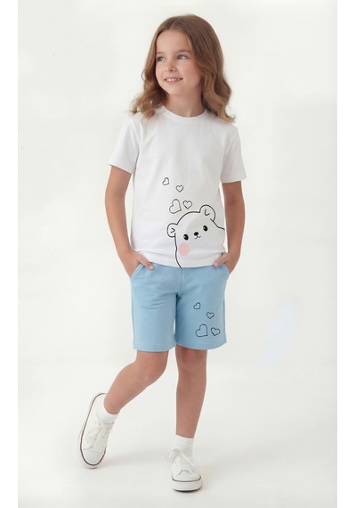 Panios Kids Yuvarlak Yakalı Yazlık Baskı Detaylı Kaprili Kız Çocuk Alt Üst Takım Mavi