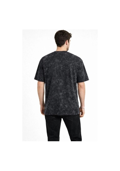 Erkek Asit Yıkama Bisiklet Yaka Kısa Kollu Oversize T-shirt Tişört - Siyah Çok Renkli