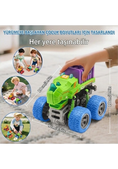Mor-yeşil Işıklı Sesli Dinozor Canavar Kamyon - 360 Dönen Sürtmeli Akrobasi Oyuncak Arabası Çok Renkli
