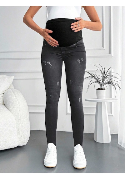 Kene Jeans Kadın Füme Hamile Esnek Karın Bantlı Tırnaklı Dar Paça Jeans Pantolon