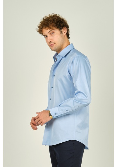 Figs Erkek Slim Fit Uzun Kollu Pamuklu Parlak Kumaş Gömlek 0013 Mavi Mavi