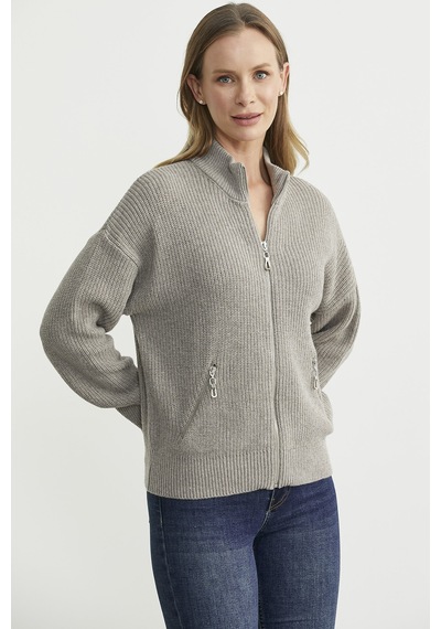 Sementa Yünlü Dik Yaka Fermuarlı Triko Hırka - Bej Bej