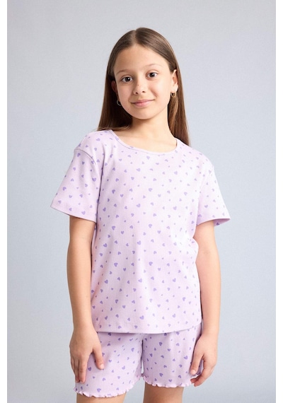 Defacto Regular Fıt Fitilli Kaşkorse Şort Tişört 2li Pijama Takımı Kız Çocuk H8104a826smpr67 Mor-pr67