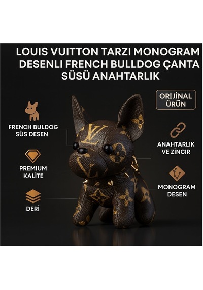 Nixcon Louis Vuitton Tarzı Monogram Desenli French Bulldog Çanta Süsü Anahtarlık Kahverengi - Altın