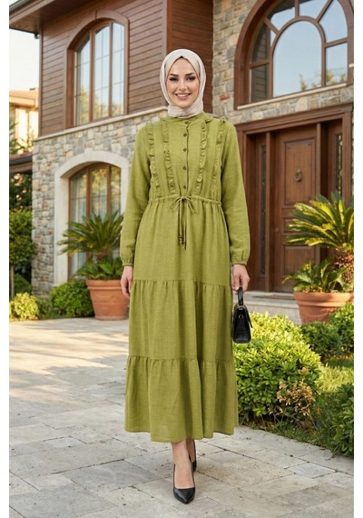 Hb Harma Time Butik Kadın Fırfır Detaylı Düğmeli Keten Yeşil Elbise