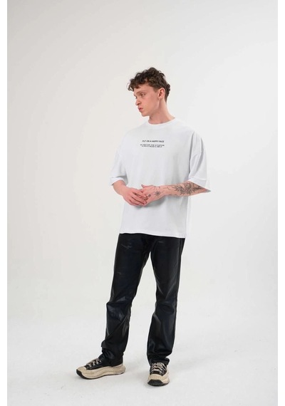 Moda Assema Erkek Bisiklet Yaka Baskılı Oversize Kısa Kol T-shirt - Beyaz Çok Renkli
