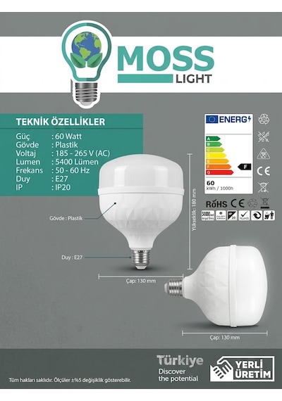 Moss Light Vip Aydınlatma / 60w Kristal Torch Ampul Beyaz Işık 1