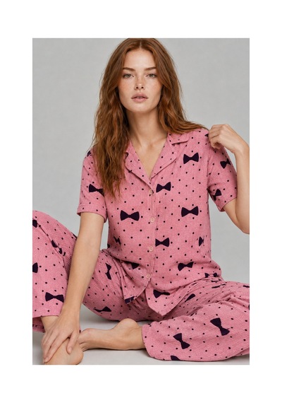 Fit Women Kadın Kısa Kol Desenli Pembe Pijama Takımı 4729