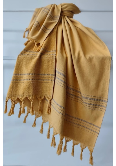 Çizgili Havlu Peştemal 90x170cm - Yumuşak Ve Yüksek Su Emici - %100 Pamuk-hardal Hardal Hardal