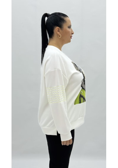 Büyük Beden Ayıcık Grafikli Taşlı İnci Detaylı Uzun Kollu Oversize Kadın Sweat Beyaz