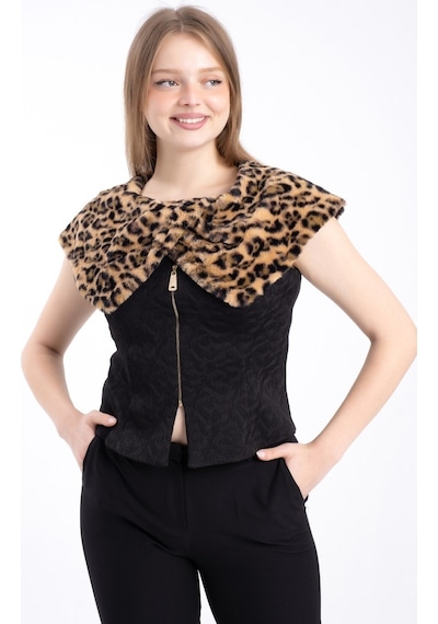 FAVORİ Kadın Fermuarlı Geniş Yakalı Leopar Desenli Yelek Siyah