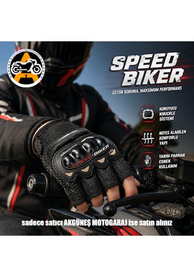 Akgüneş Motogaraj Speed Biker Yasaya Uygun Etiketli Yarım Eldiven Motosiklet Sürüş Eldiveni, Nefes Alabilir Koruma
