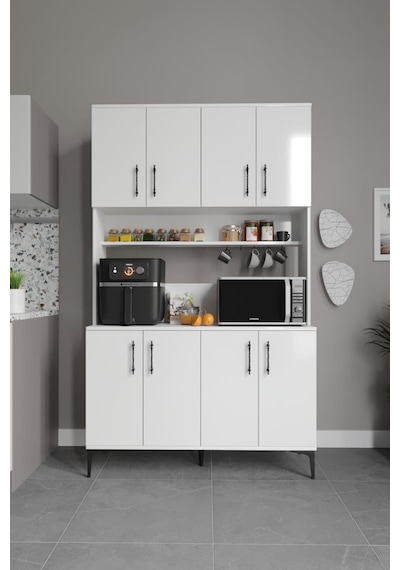 Plain Metal Ayak Metal Kulp Pla8120 Kahve Köşesi 8 Kapaklı Çok Amaçlı Dolap Erzak Dolabı Kiler Dolabı Saklama Dolabı Beyaz