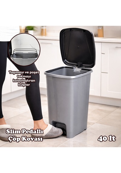 Porsima 0122 Pedallı Metalize Banyo Mutfak Çöp Kovası Siyah Kapaklı Slim Pedallı Çöp Kovası 40 Litre Siyah