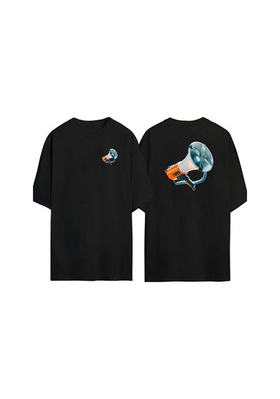 Thewert Unisex Megafon Ön Arka Baskılı Sıyah Oversize T-shirt Siyah
