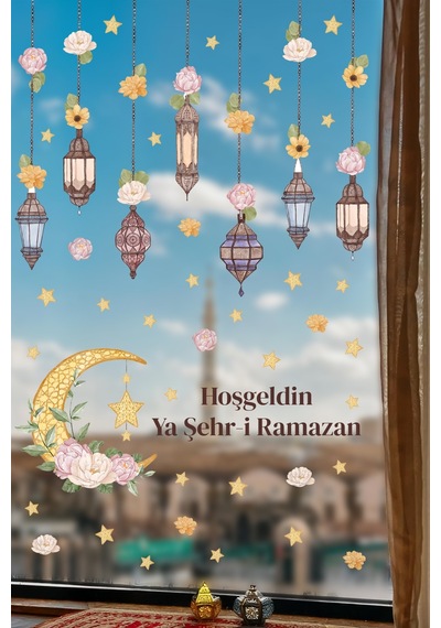 Hoşgeldin Ya Şehr-i Ramazan Duvar Sticker Seti Fener & Ay Yıldız Temalı Dekor Dijital Baskı