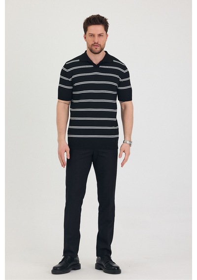 Cool Tarz Erkek Polo Yaka Beyaz Çift Çizgi Detaylı Siyah Triko T-shirt Siyah Siyah