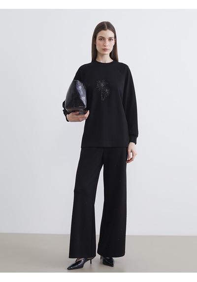 Lcw Modest Siyah Bisiklet Yaka Boncuk İşlemeli Kadın Sweatshirt Tunik