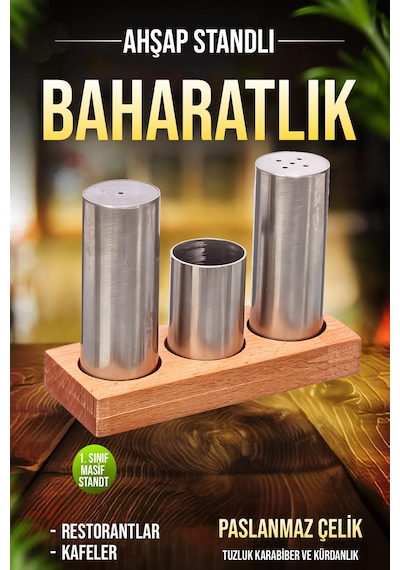 3'lü Paslanmaz Çelik Boru Tuzluk Ve Baharatlık Seti Ahşap Stantlı Kafe Restorant Baharatlık Diğer