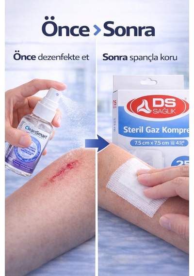 Ds Sağlık Sterilgaz Kompres 7,5 7,5 Cm 25 Adet + Cleansmart 50 Ml Dezenfektan Sprey Yara Bakım Seti