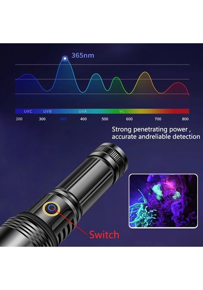 F-365 Uv Led Mor Işıklı 20watt Şarjlı 26650 Pilli Profesyonel El Feneri Çok Renkli
