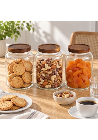 Akasya Kapaklı Cam Kavanoz 2250 Ml- Üçlü Set Kahverengi - Şeffaf