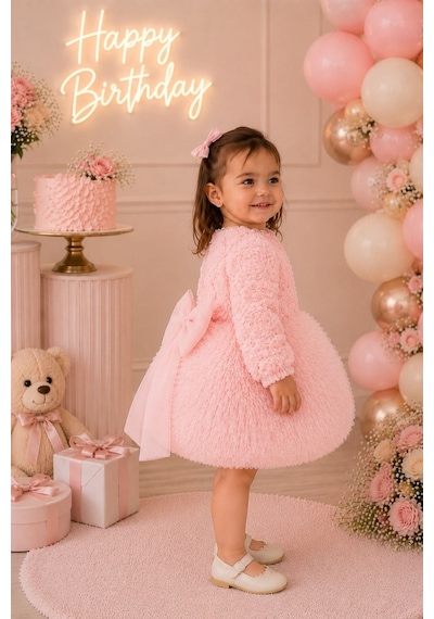 Cantoy Kız Bebek 3d Çiçek Aplikeli Tüllü Tütülü Prenses Elbise Uzun Kollu Doğum Günü Elbisesi Pembe