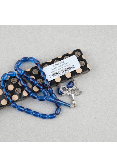Sıkma Kehribar Kapsül Kesim Alpaka Püsküllü 7x11mm Tesbih Mavi