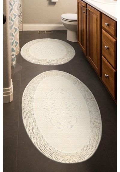 Tiffany Oval 2'li Pamuklu Klozet Takımı Krem Banyo Paspas Seti 60 x 100 / 50 x 60 CM Krem