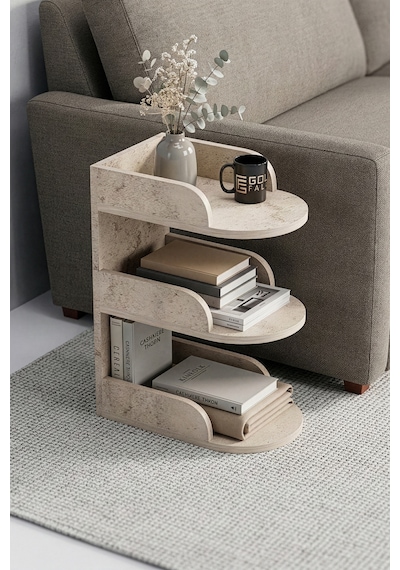 Yan Sehpa Modern 3 Katlı Kitaplıklı Çok Amaçlı Dekoratif Sehpa Minimal Tasarım 6103 Traverten Çok Renkli