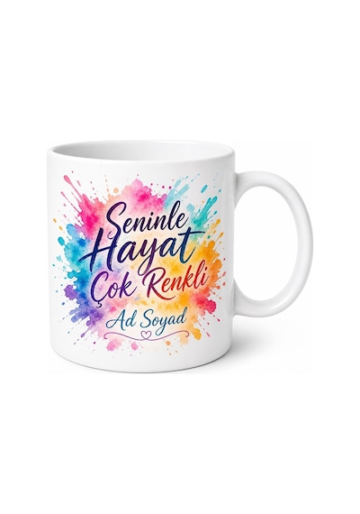 Seninle Hayat Çok Renkli Sulu Boya İsimli Sanatsal Aşk Kupa Bardak Hediye Beyaz / Çok Renkli
