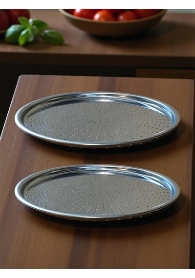 Paslanmaz Çelik Delikli Pizza Fırın Tepsisi Lahmacun Fırın Tepsisi 2'li Set 32 36 Cm Çok Renkli