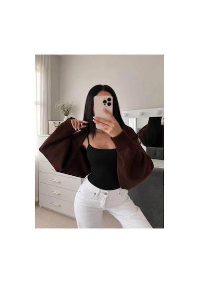 Flex Fashıon Kadın Sokak Modası Akrilik Crop Triko Hırka Kahve Kahverengi - 928384069 Kahverengi - 928384069 Kahverengi