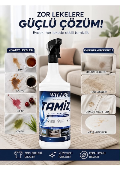 Willbe Tamiz Çok Yüzeyli Temizlik Spreyi Leke Çıkarıcı Yağ Çözücü 1l All Surfaces