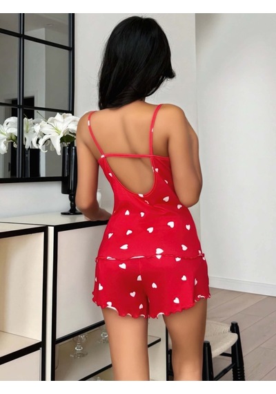 Motto10 Butik Kadın Kalp Desenli Şortlu Pijama Takım 5178 Kırmızı