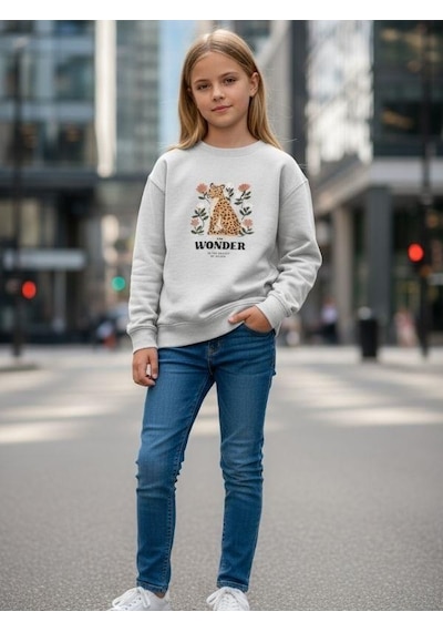 Kız Çocuk Leopar Desenli Sweatshirt-16344 Mavi