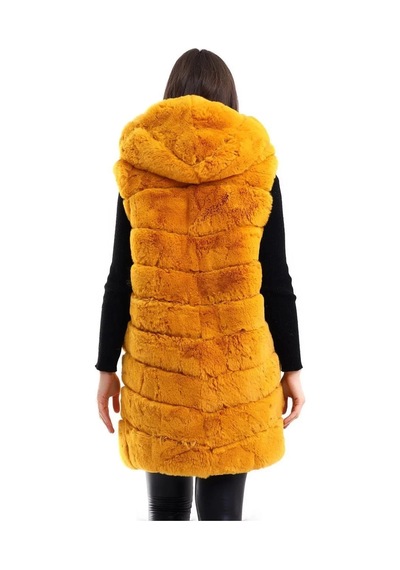 Kadın Kapüşonlu Peluş Kürk Yelek Premium Kalite Tam Astarlı Uzun Model - Sarı