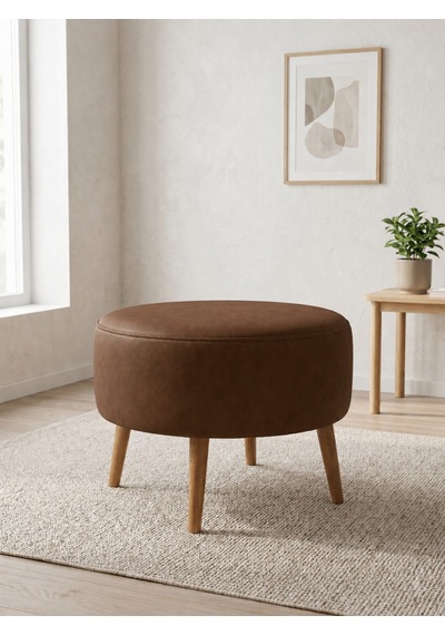 Modern Acı Kahve Deri Puf Yuvarlak Oturma Pufu Ahşap Ceviz Ayaklı Demonte 60x46 Cm Kahverengi